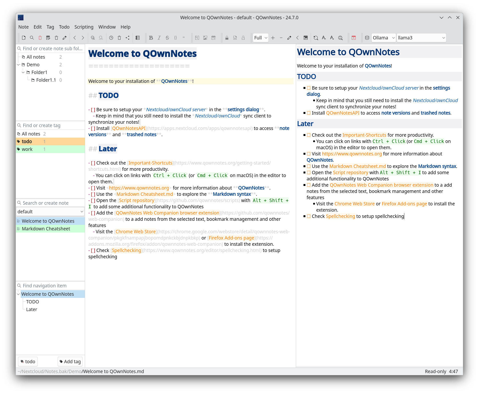 QOwnNotes main interface markdown notes