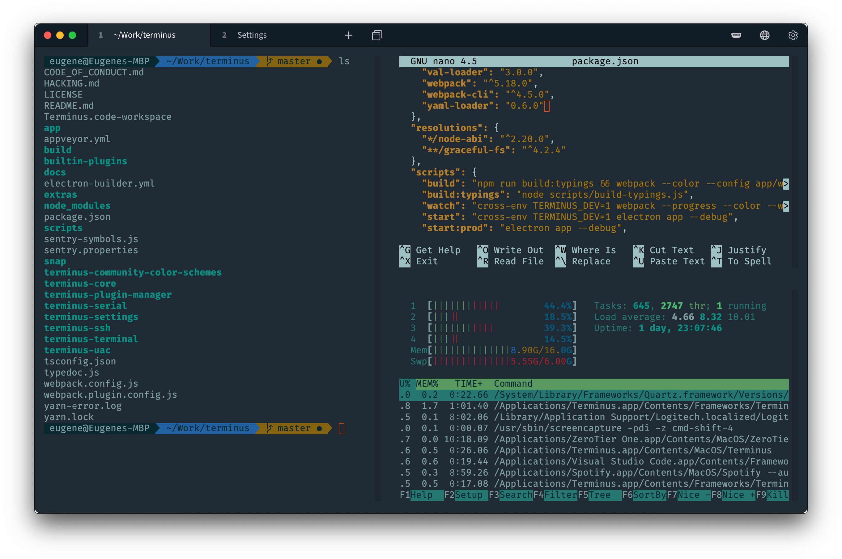 Tabby terminal split panels and themes