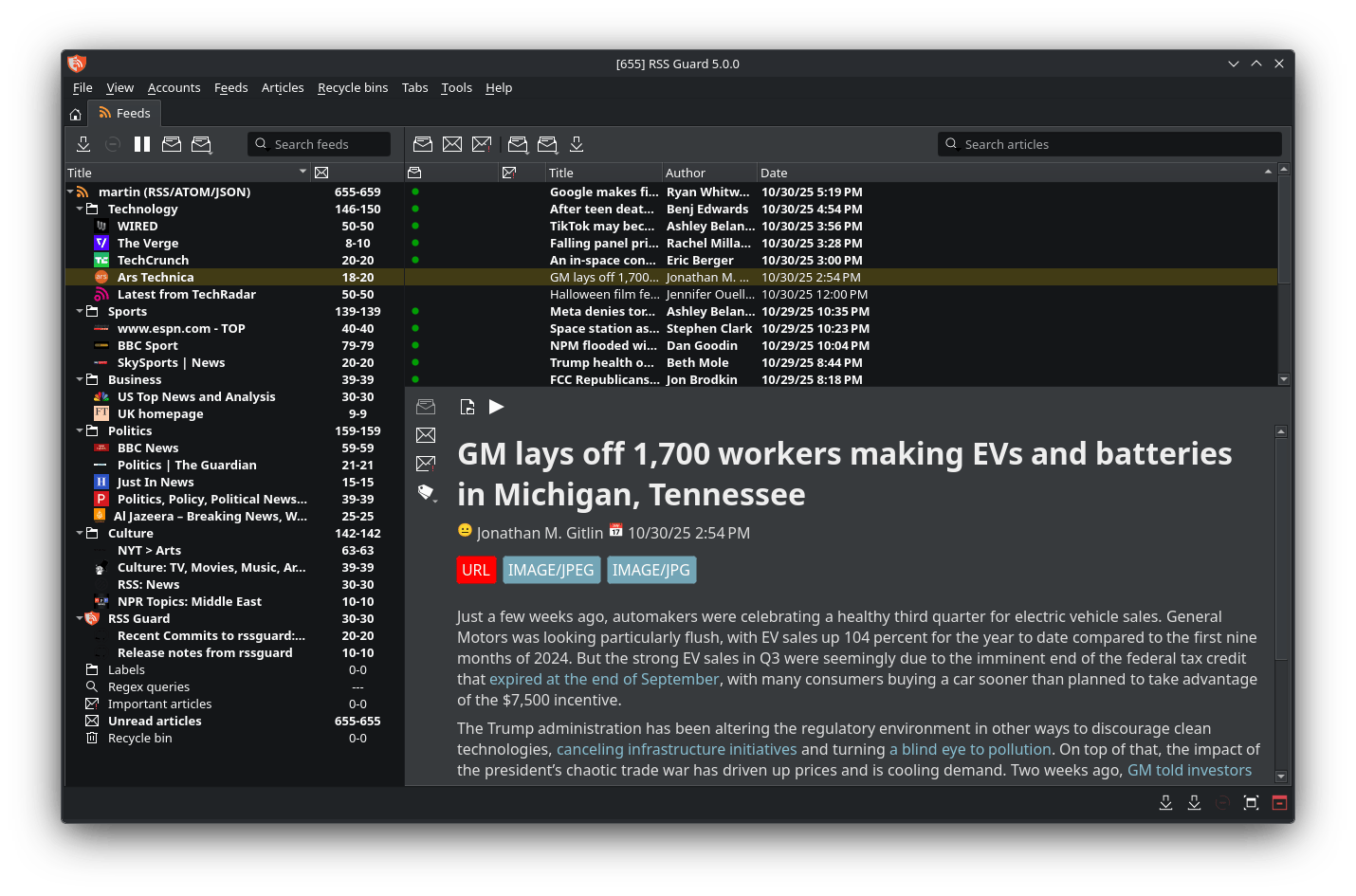 RSS Guard Linux 主界面