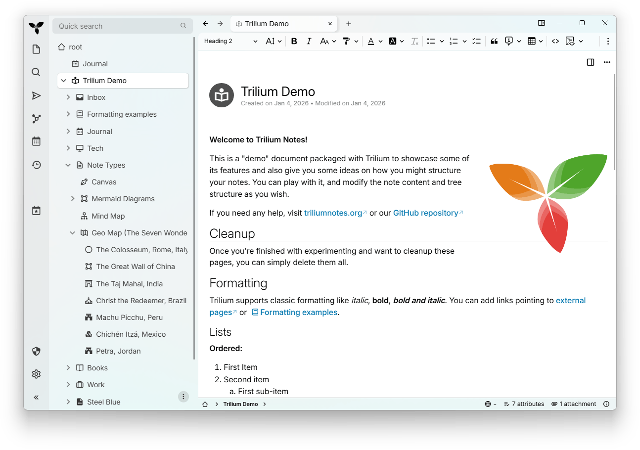 Trilium Notes 界面截图——树状笔记结构与所见即所得编辑器