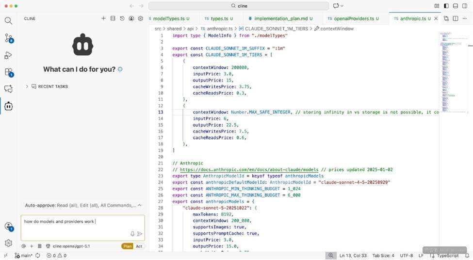 Cline coding agent VS Code interface