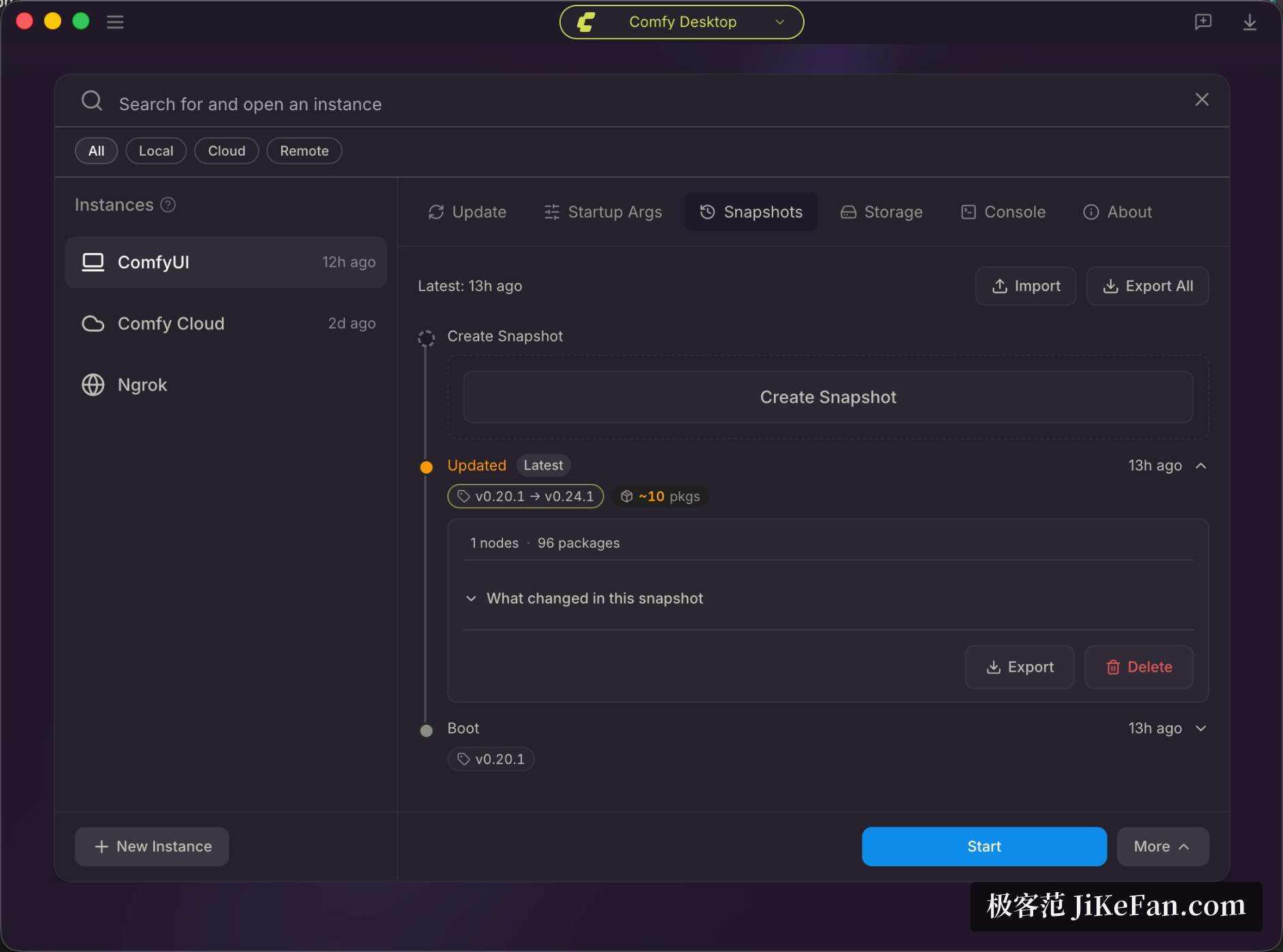 Comfy Desktop 的实例列表与快照时间线面板