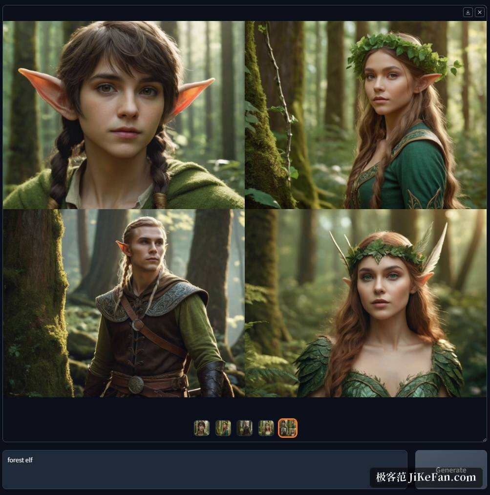 Fooocus 官方演示:只用 forest elf 两个词的提示词生成的四张精灵人像