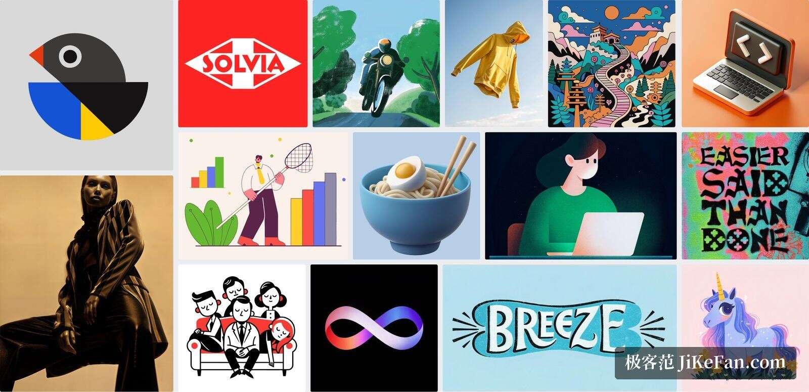 Recraft 生成的作品类型：文字型视觉、矢量图标、插画与包装设计