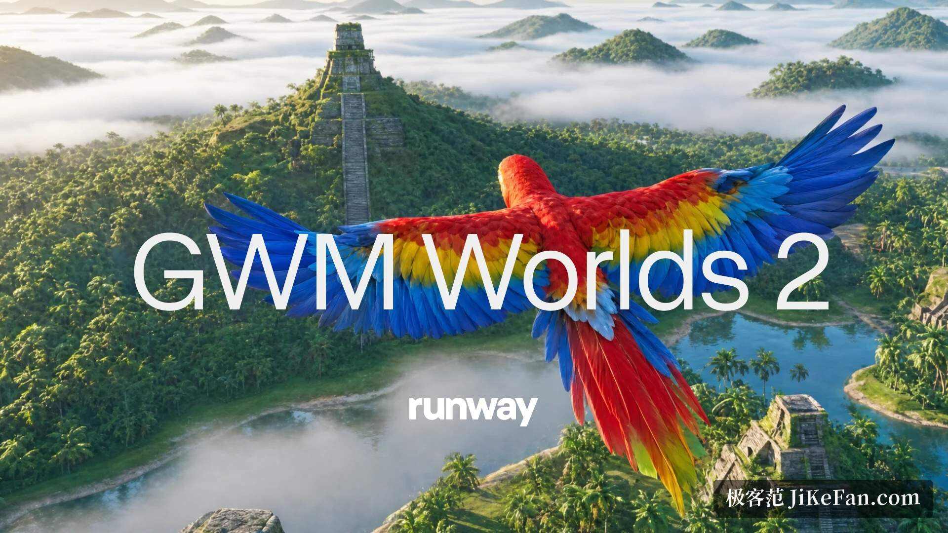 Runway 官方研究卡片「Introducing GWM Worlds 2」，展示支撑生成能力的通用世界模型