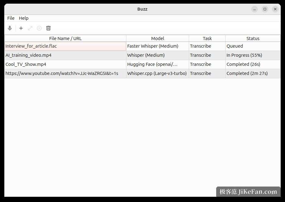 Buzz 主界面：文件与链接的任务列表，含模型、任务与状态列