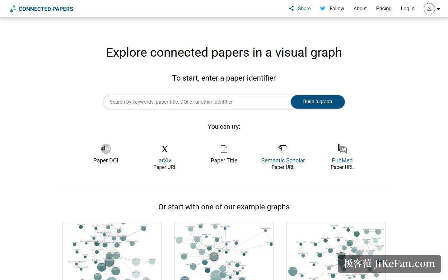 Connected Papers 官网首页:搜索框与示例图谱