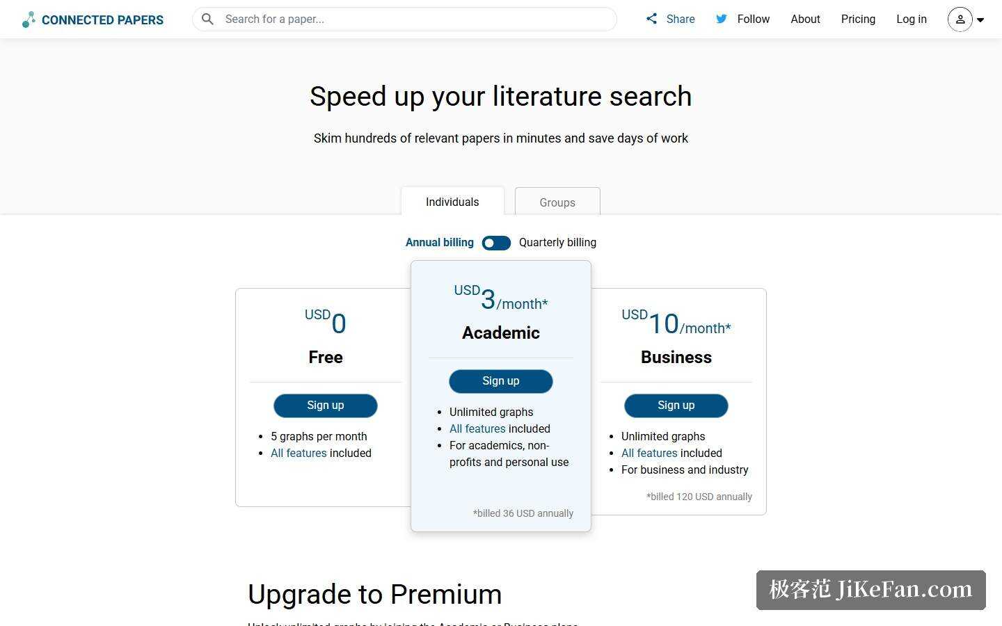 Connected Papers 官方定价页:Free、Academic、Business 三档
