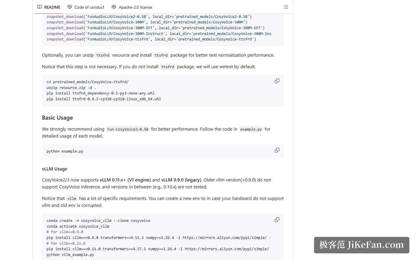 CosyVoice 官方仓库的 Basic Usage 与 vLLM 使用说明