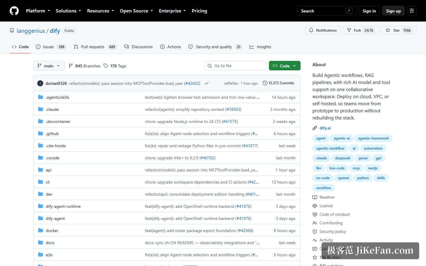 Dify 官方 GitHub 仓库页：Star 156k 与项目描述