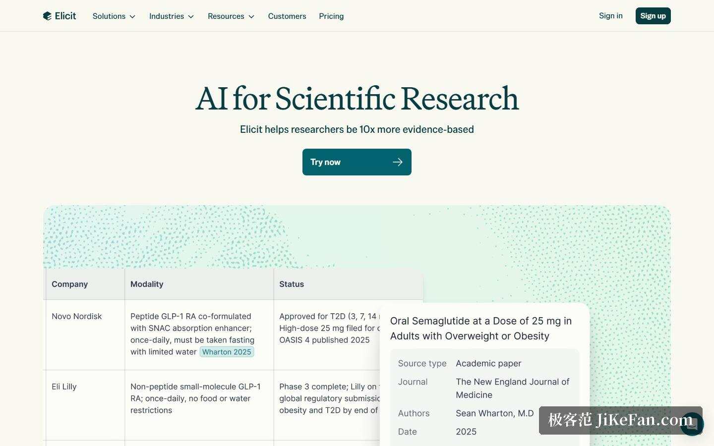 Elicit 官网首屏:AI for Scientific Research 与研究表格示例