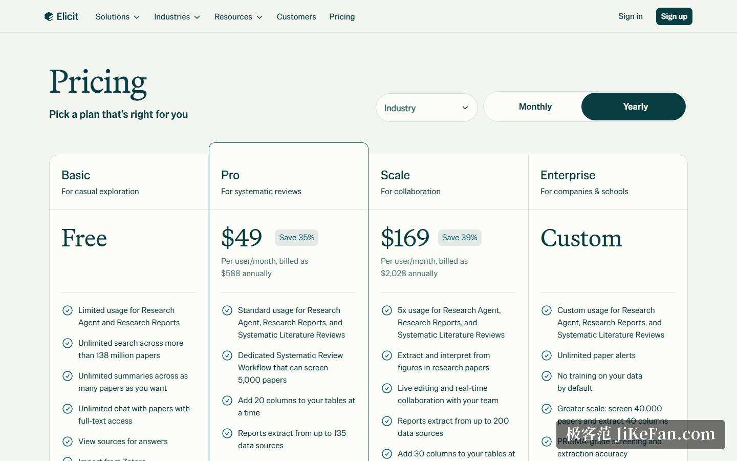 Elicit 官网定价页:Basic/Pro/Scale/Enterprise 四档