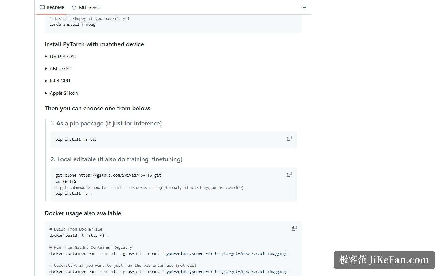 F5-TTS 官方仓库的安装说明：pip 包、本地可编辑安装与 Docker