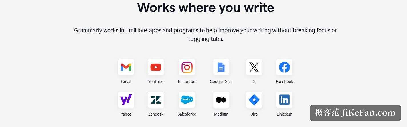Grammarly 官方桌面版页面：写到哪里提示就跟到哪里，覆盖办公软件、邮件与浏览器