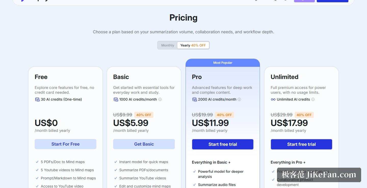 Mapify 官方定价页：免费版、Basic、Pro、Unlimited 四档对比