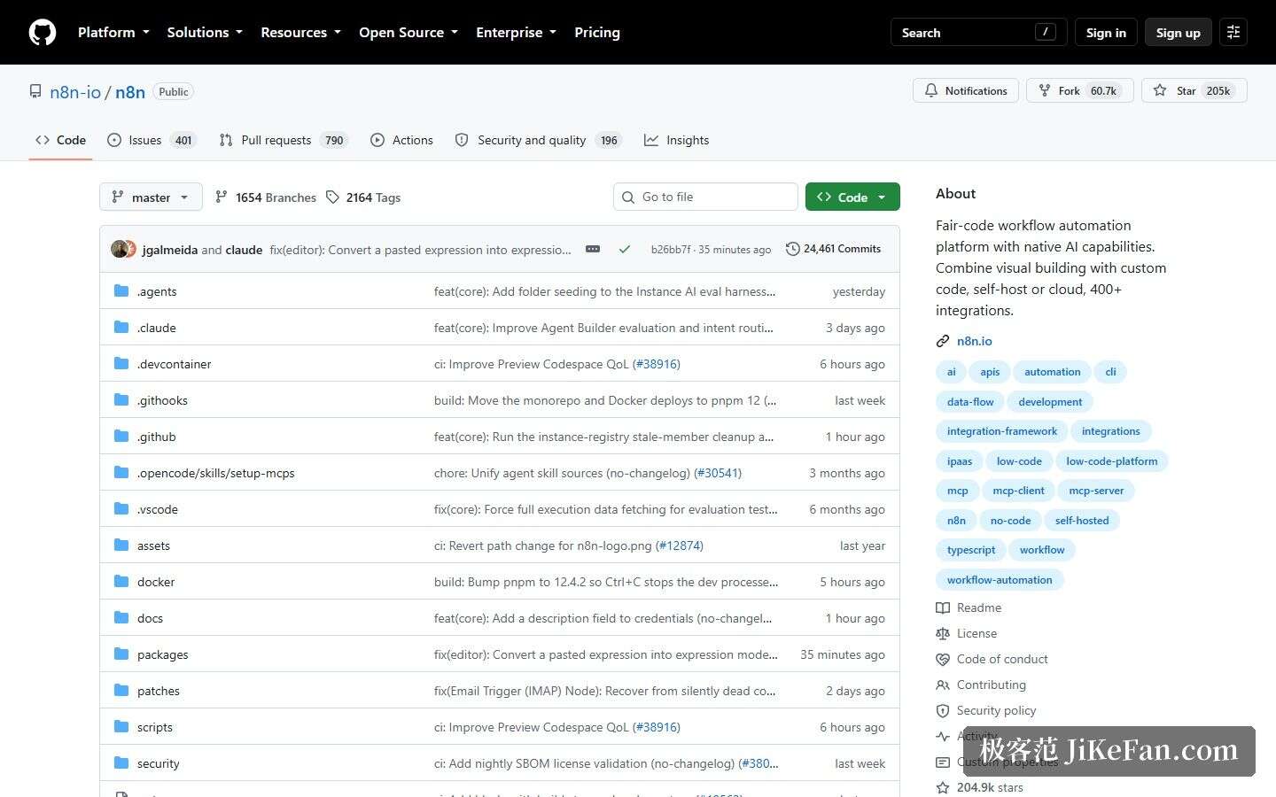 n8n 官方 GitHub 仓库页：源码公开与星标数