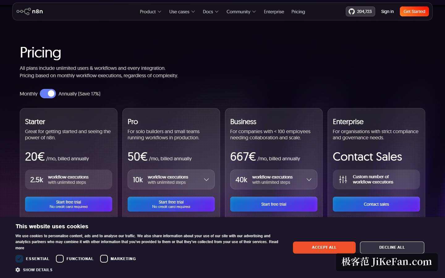 n8n 官方定价页：Starter/Pro/Business/Enterprise 四档