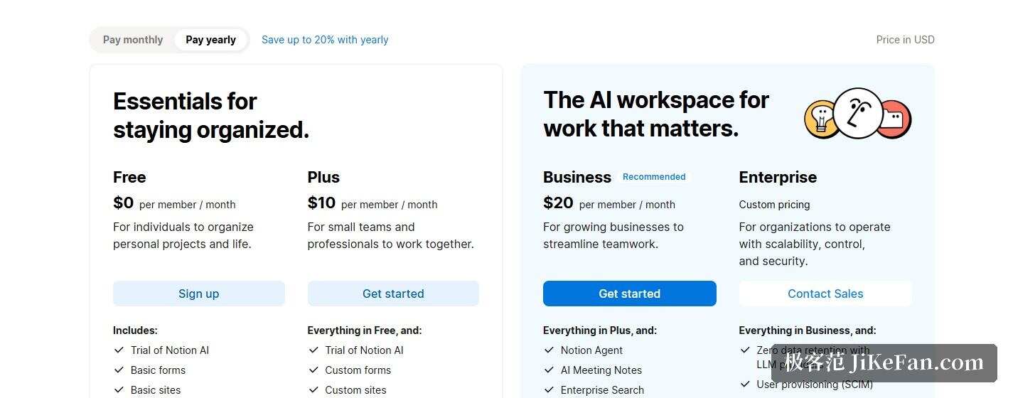 Notion 官方定价页：Free、Plus、Business、Enterprise 四档套餐价格与 Notion AI 功能对比