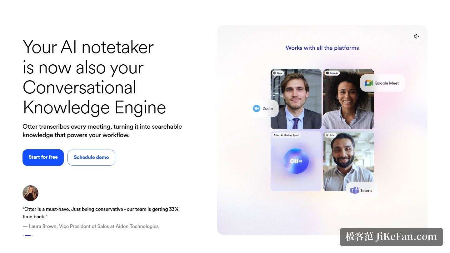 Otter 官网首屏:AI notetaker 与 Zoom、Google Meet、Teams 等平台协同