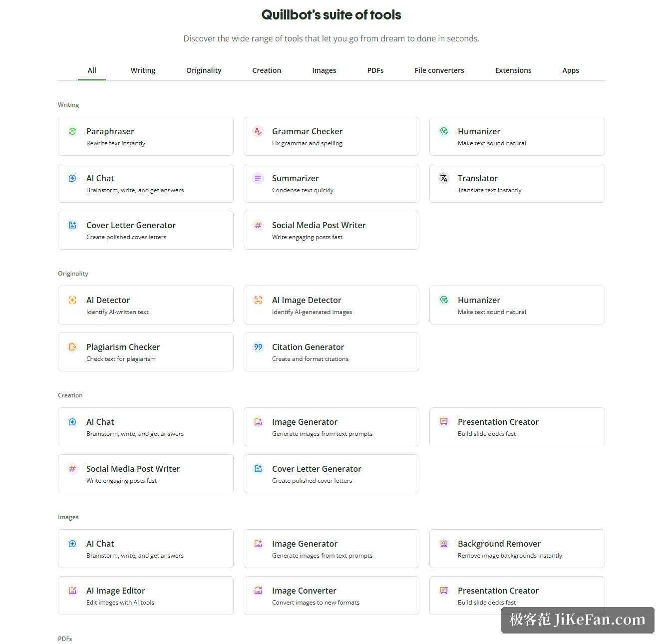 QuillBot 官网首页工具清单：改写、语法检查、摘要、翻译、查重与 AI 检测等分组