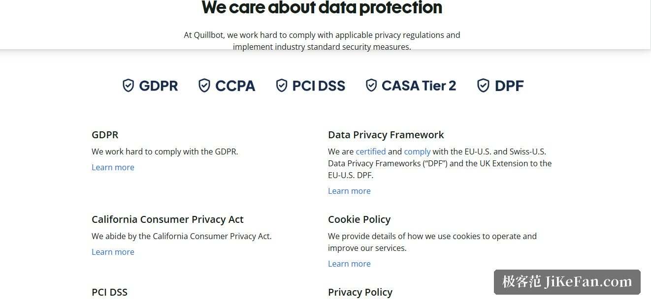 QuillBot 官方数据与隐私页面：数据隐私框架认证、GDPR 与 CCPA 等合规说明