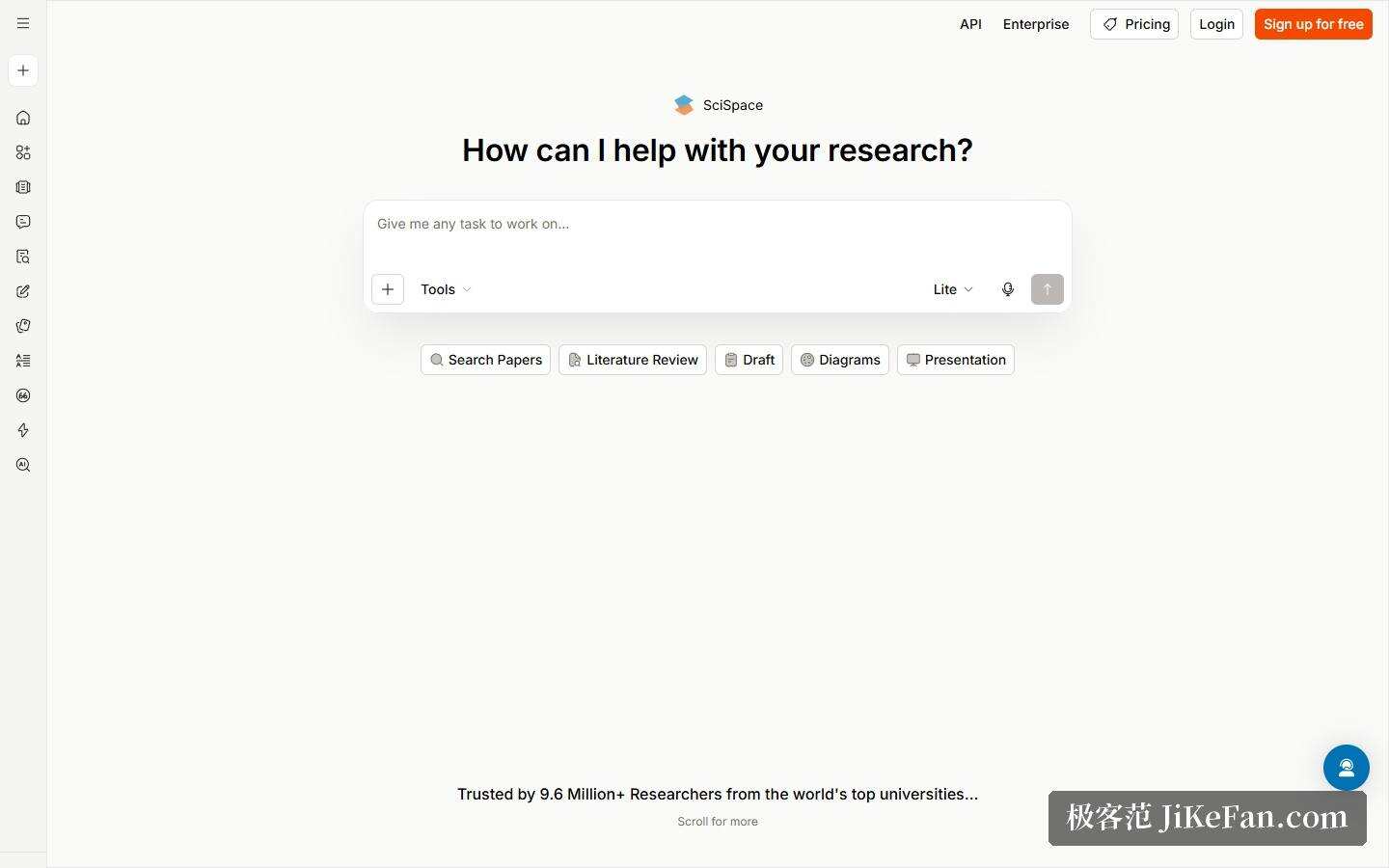 SciSpace 官网首页：Agent 输入框与五个工具入口