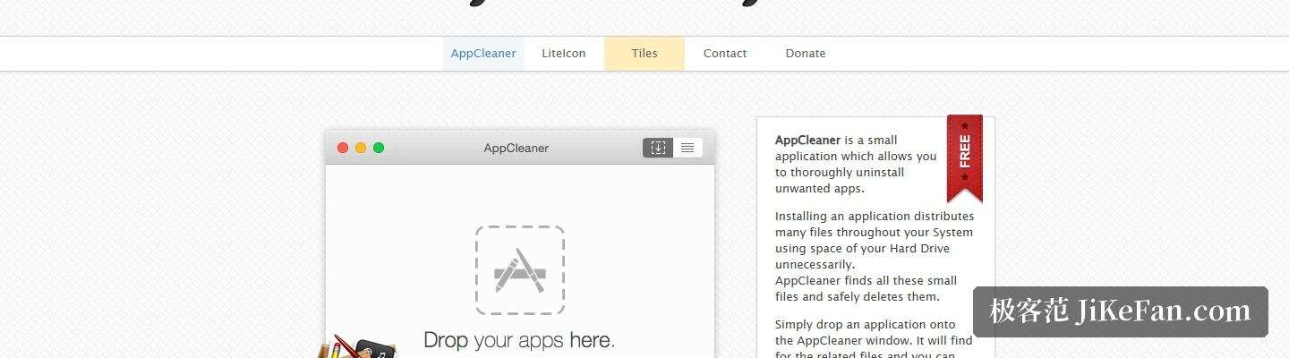 AppCleaner 官网：拖放窗口与 FREE 标识