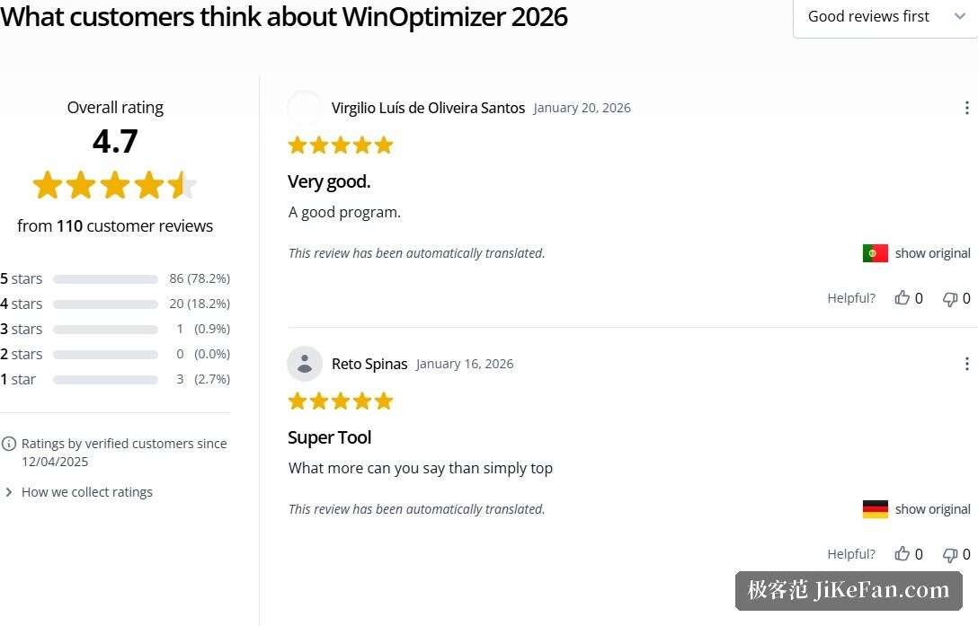 Ashampoo WinOptimizer 2026 官网用户评分：4.7 分来自 110 条评价