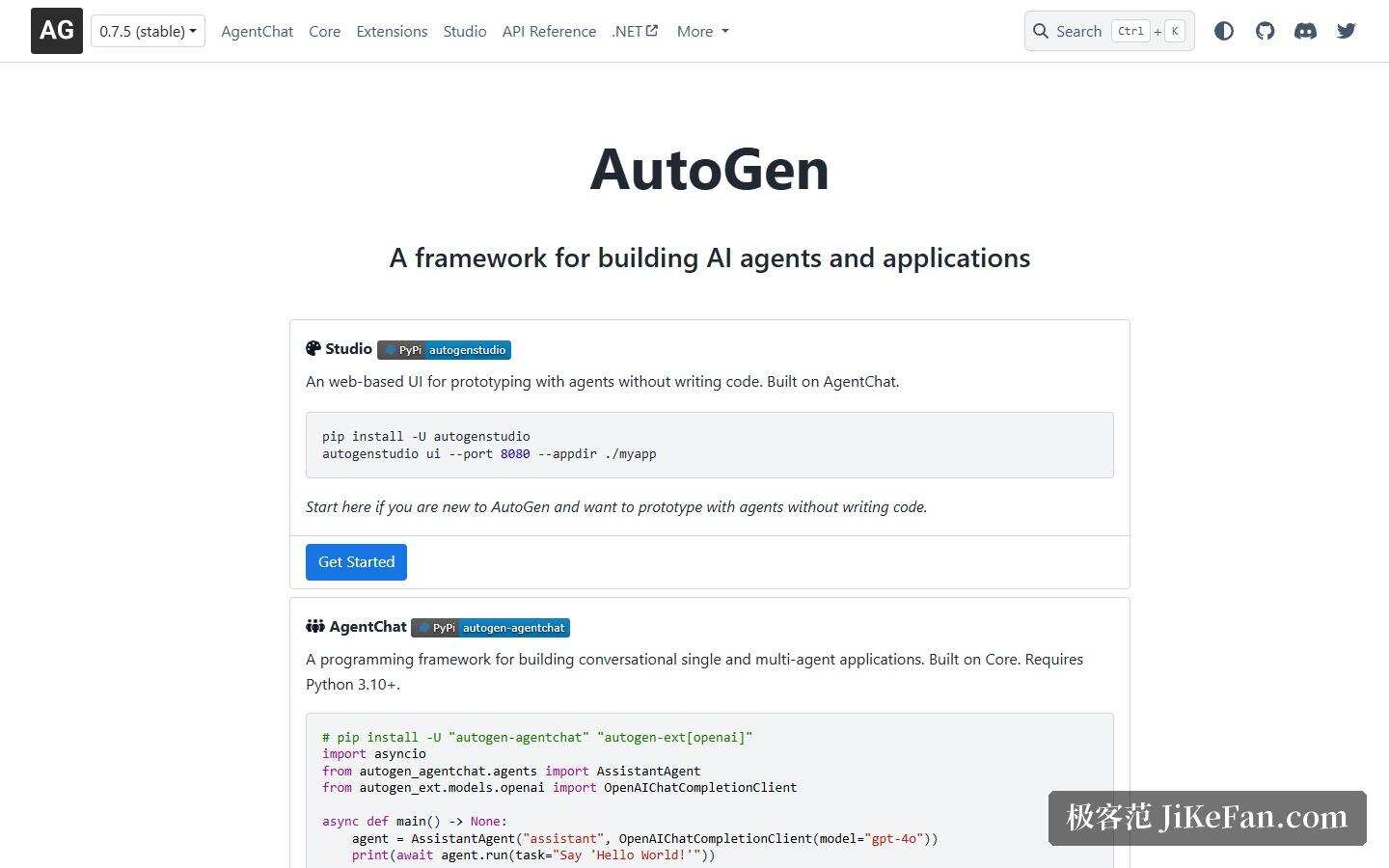 AutoGen 官方文档首页：Studio、AgentChat、Core 与 Extensions