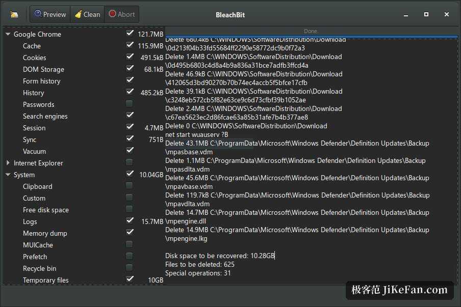 BleachBit 主界面预览状态:逐条列出待删除文件与占用空间