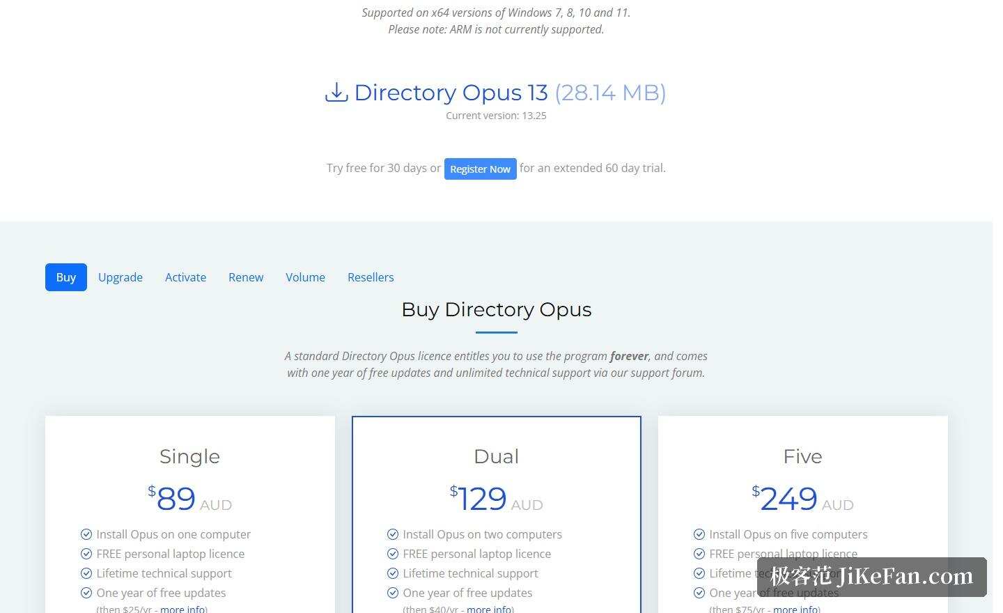 Directory Opus 官网:版本 13.25、30 天试用与单机/双机/五机三档价格