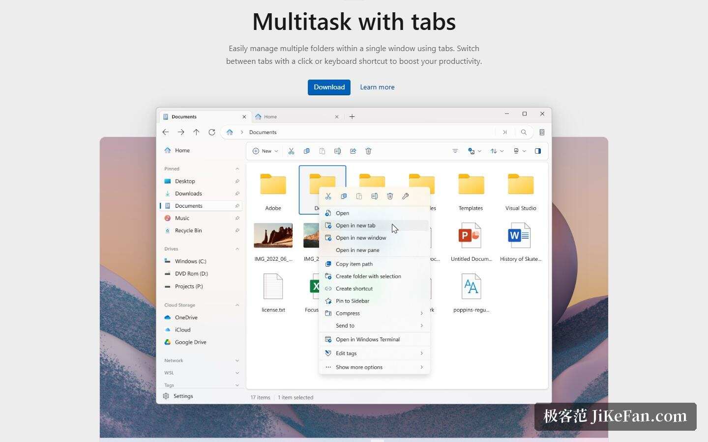 Files 官网:Multitask with tabs 标签页多任务与界面预览