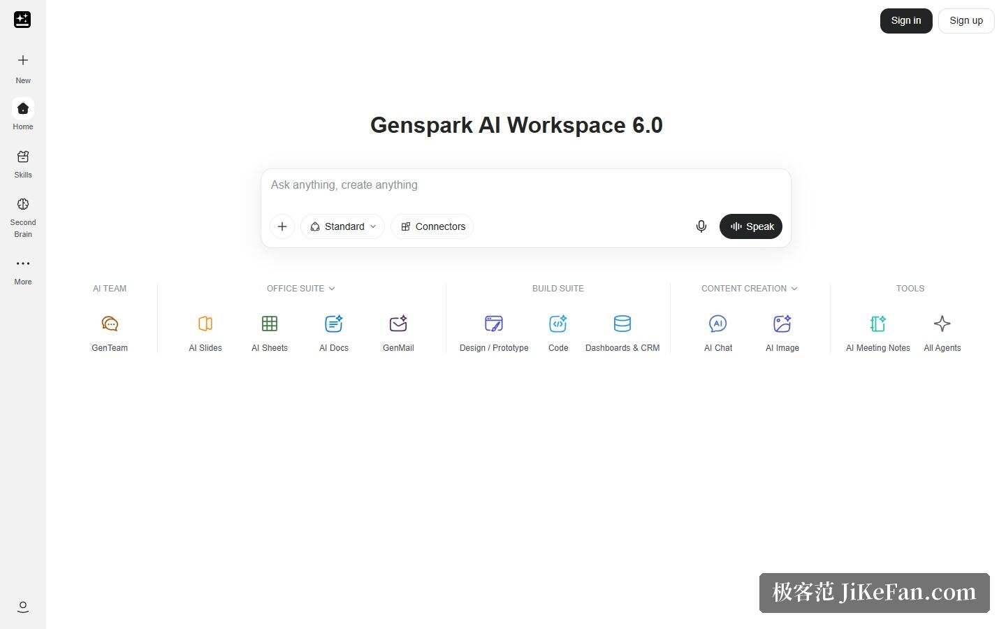 Genspark 官网首页：AI Workspace 6.0 的应用入口