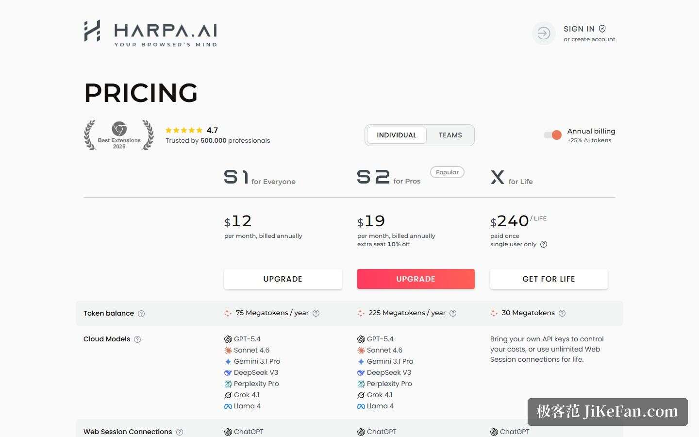 Harpa AI 定价页：S1、S2 与终身三档及兆 token 额度