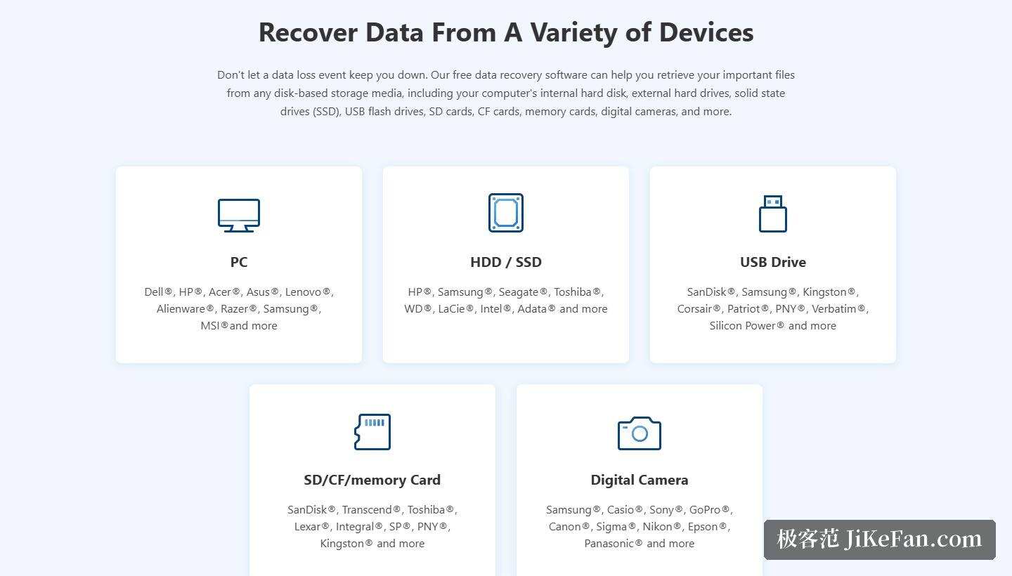 iBoysoft Data Recovery 官方产品页：支持的存储设备类型与品牌清单