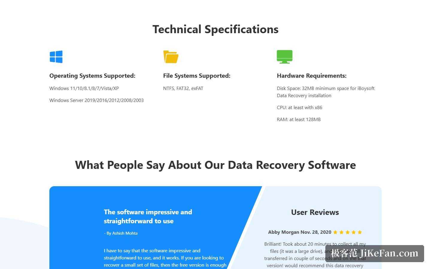 iBoysoft Data Recovery 官方产品页：技术支持规格，含系统、文件系统与硬件要求
