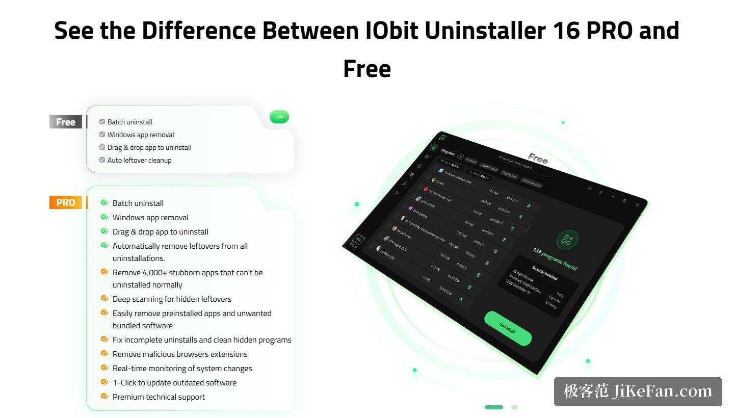 IObit Uninstaller 官网:免费版与 PRO 版功能对照
