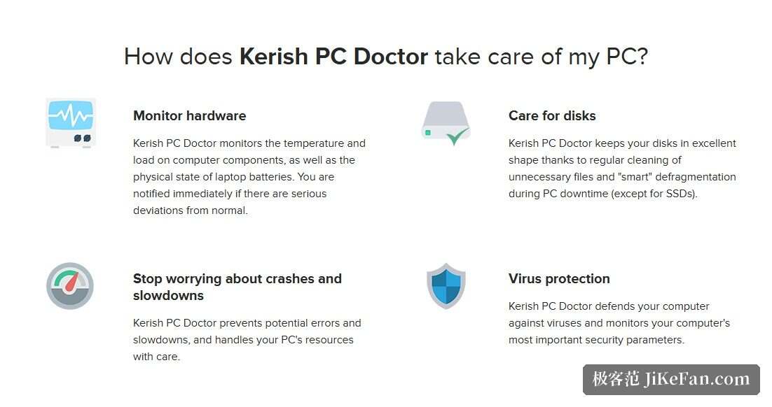 Kerish PC Doctor 官网功能说明：硬件监控与磁盘维护