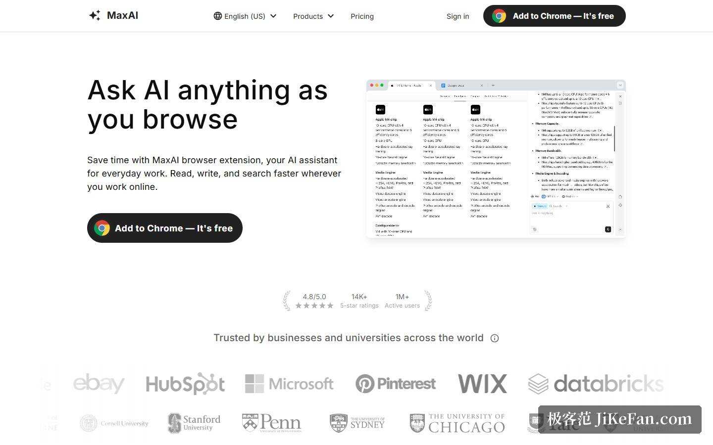 MaxAI 官网首屏：边浏览边问 AI 与使用方标识