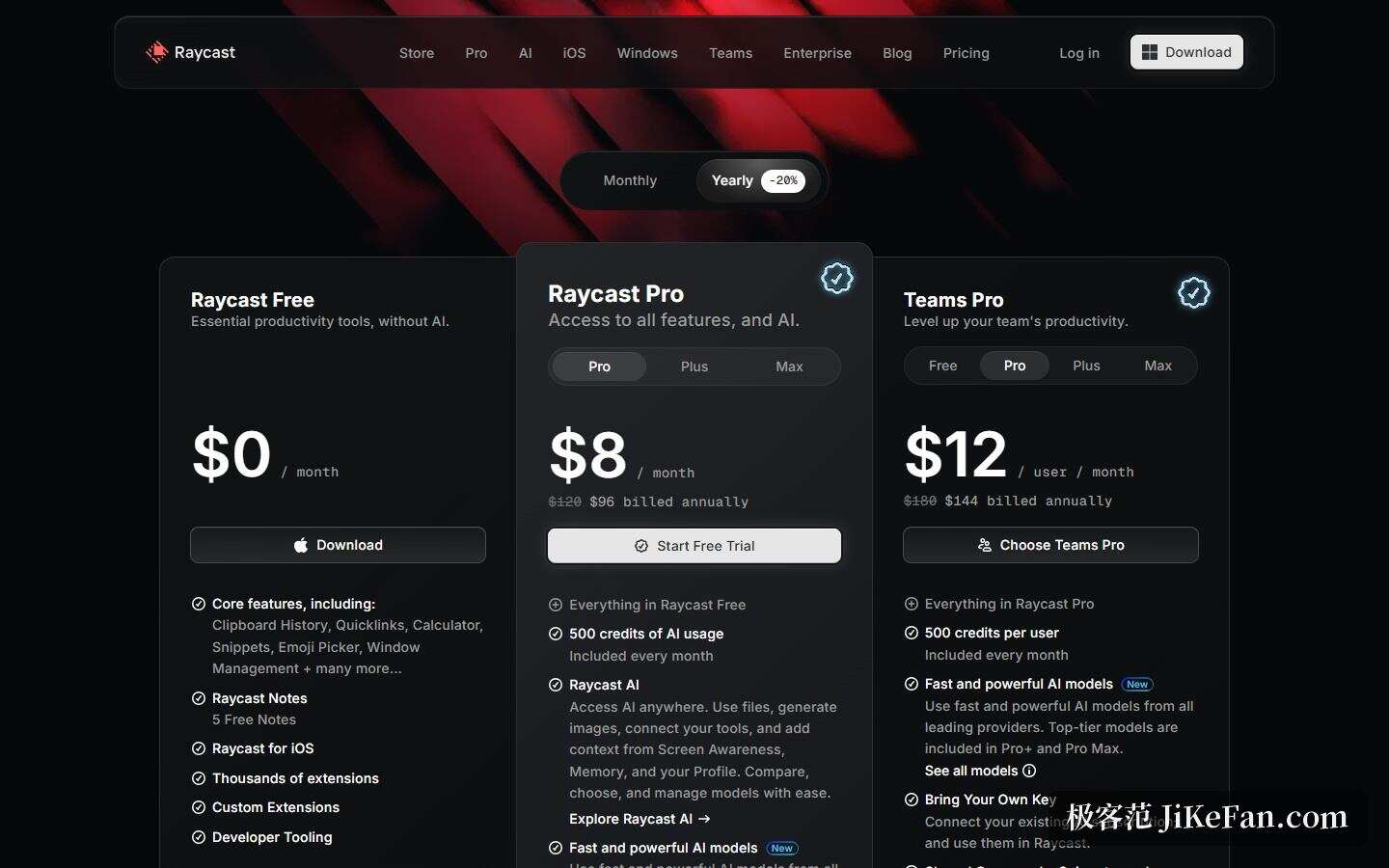 Raycast 定价页:Free 与 Pro 三档的价格与 credits 对照