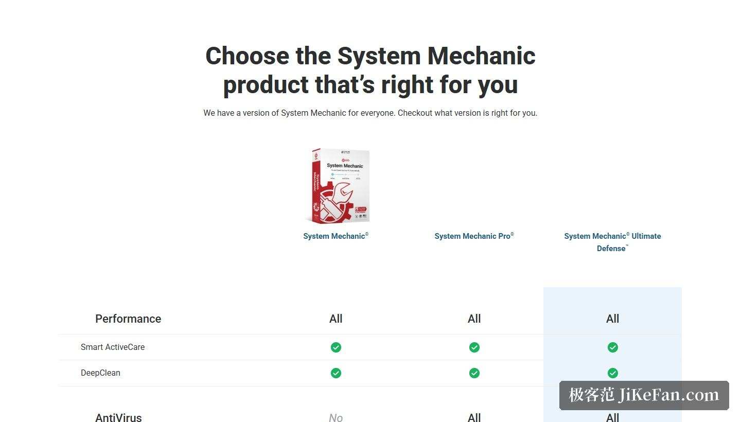 System Mechanic 官网三档版本对比表