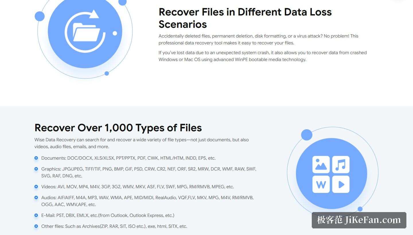 Wise Data Recovery 官方产品页:不同数据丢失场景下的恢复能力