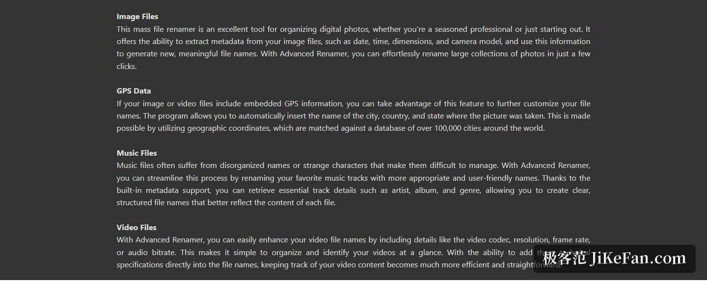 Advanced Renamer 官网首页 Image Files、GPS Data、Music Files 与 Video Files 四个说明段落