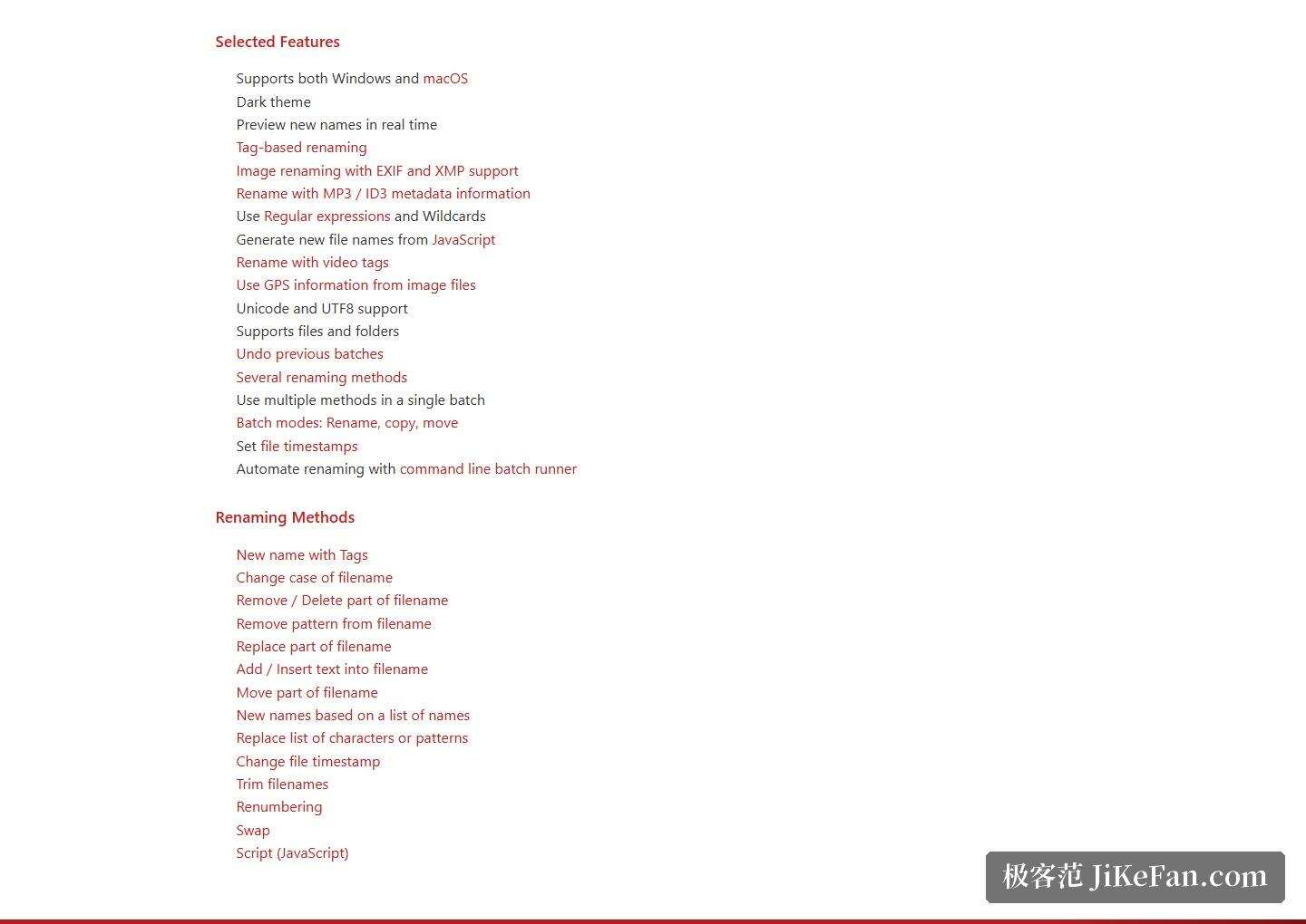 Advanced Renamer 官网首页 Selected Features 区段(Windows 与 macOS、标签改名、EXIF 与 XMP、ID3、正则与通配符、JavaScript、视频标签、GPS、批处理模式与命令行运行器等特性)