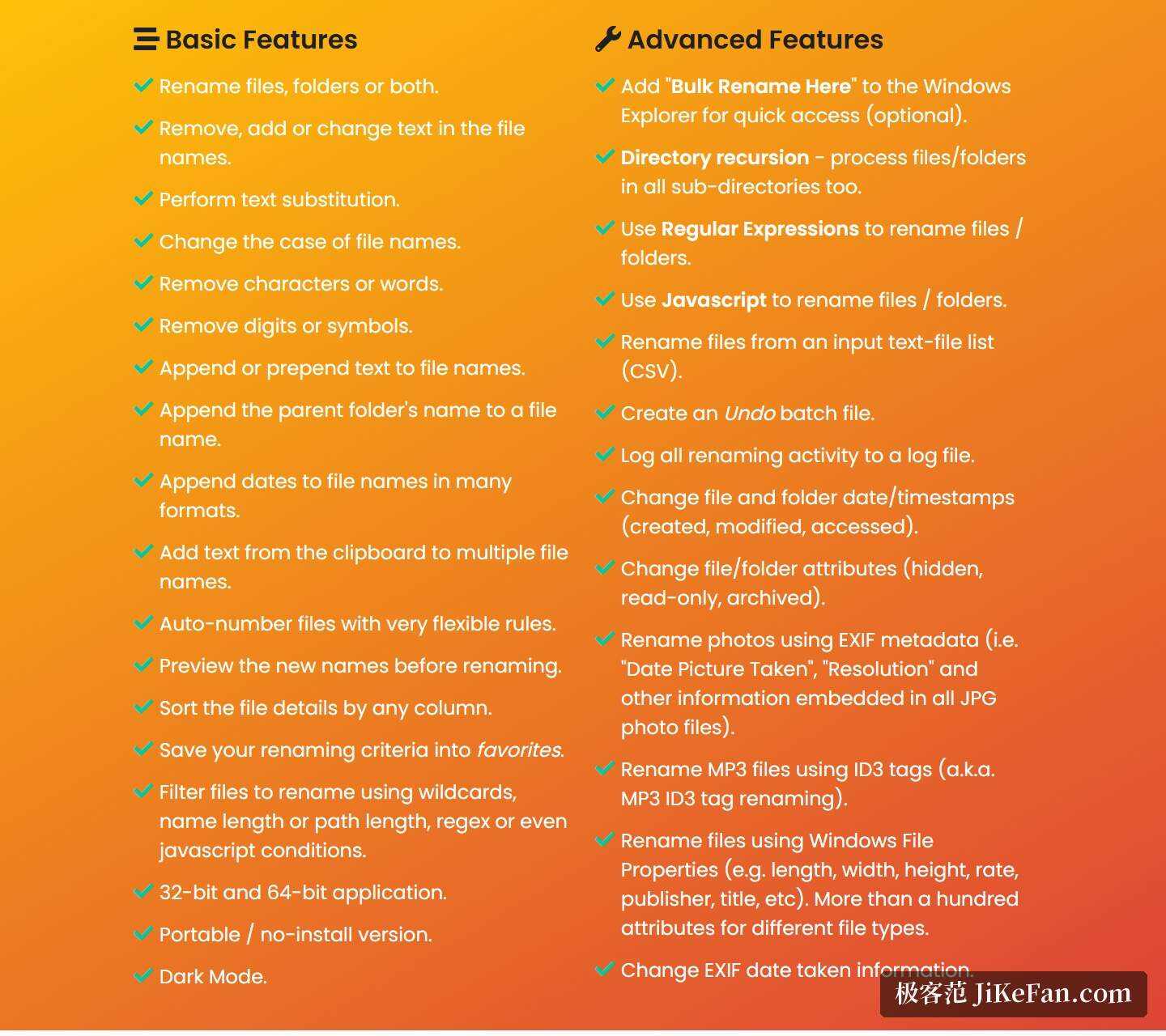 Bulk Rename Utility 官网首页 Basic Features 与 Advanced Features 功能清单一览