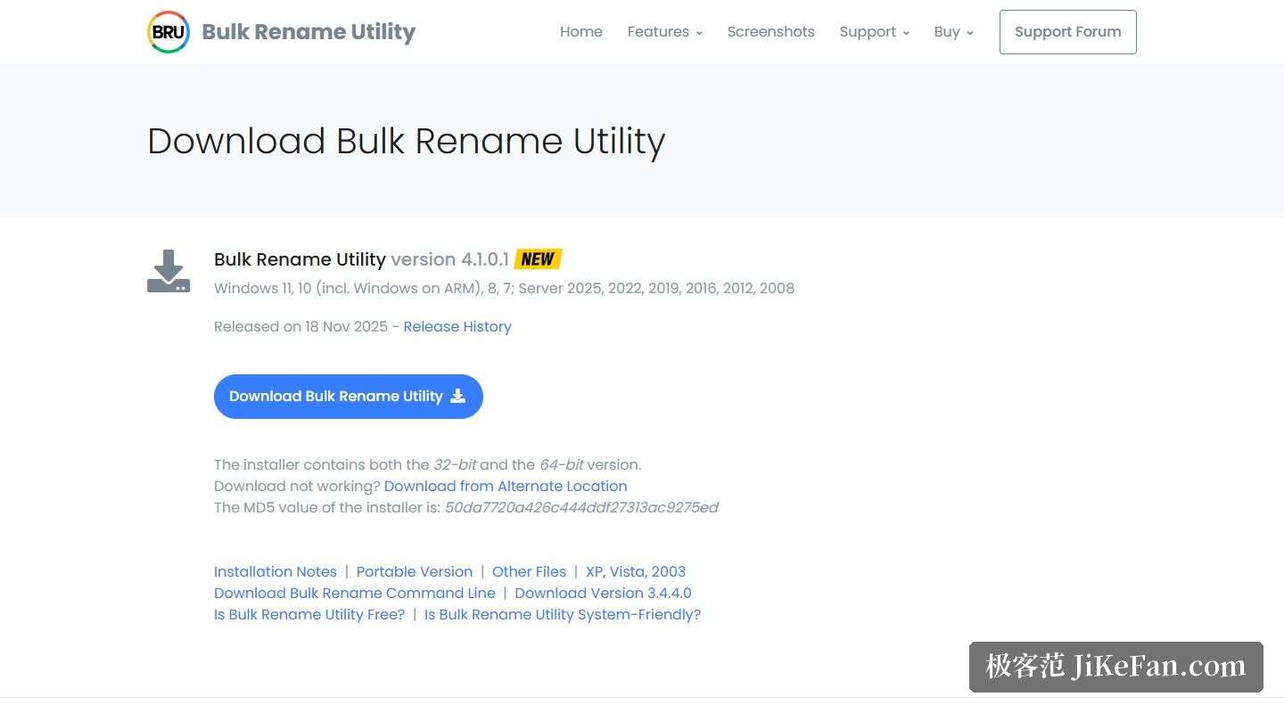 Bulk Rename Utility 官网下载页（version 4.1.0.1、Released on 18 Nov 2025 与支持的 Windows 版本）
