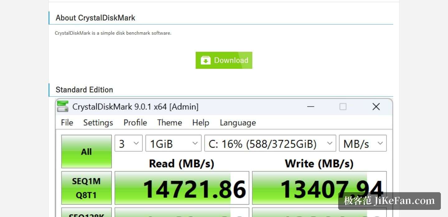 CrystalDiskMark 官网产品页截图，产品说明与版本区块：介绍它是一款简单的磁盘基准测试软件，并列出标准版与两种主题版本
