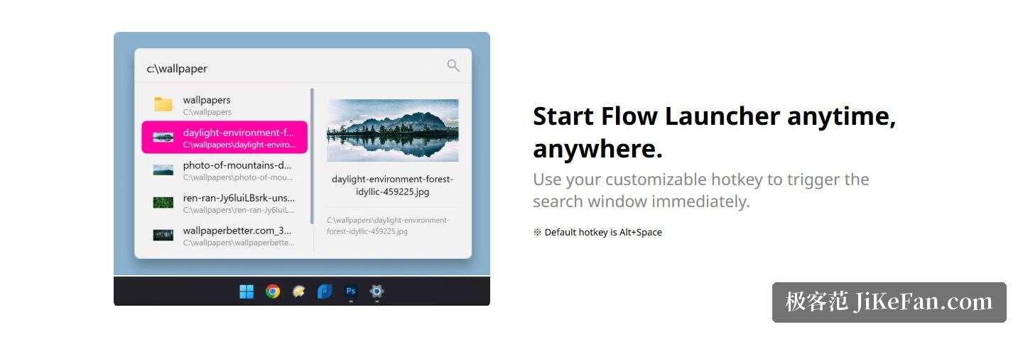 Flow Launcher 官网首页「Start Flow Launcher anytime, anywhere」区段（文件搜索与预览界面，默认热键 Alt+Space）