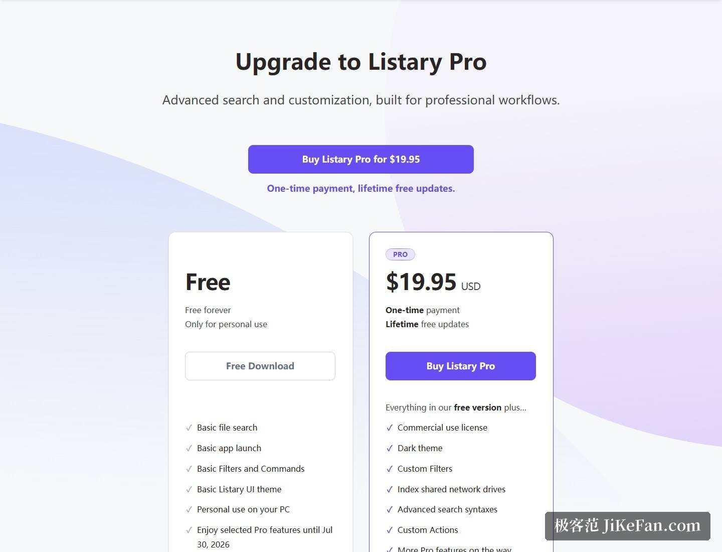 Listary 官网 Pro 页(Free 与 PRO $19.95 权益对比)