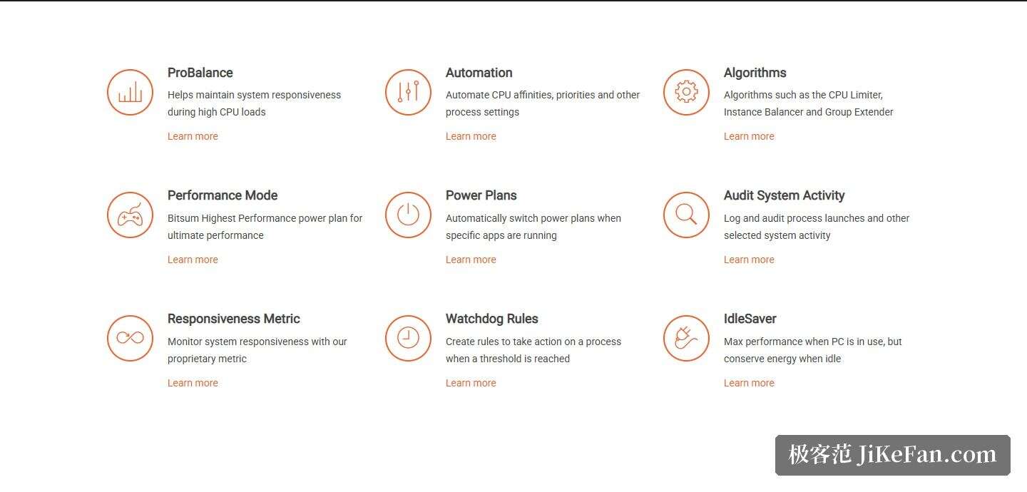 Process Lasso 官网截图，功能卡片区块：ProBalance、Automation、Algorithms、Performance Mode、Power Plans、Watchdog Rules 等核心能力一览